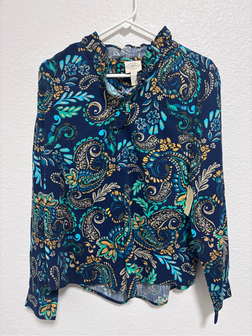 St John’s Bay Navy Paisley Ruffle-Neck Blouse